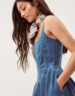 Delia Square Neck Denim Midi Dress Blue