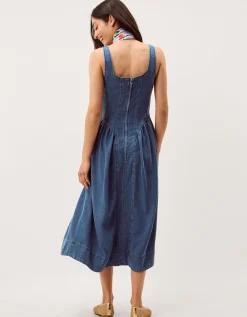Delia Square Neck Denim Midi Dress Blue