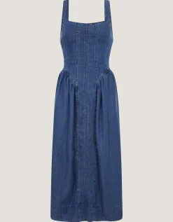 Delia Square Neck Denim Midi Dress Blue