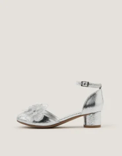 Diamanté Flower Block Heels Silver