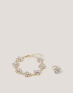 Diamanté Flower Bracelet & Ring Set