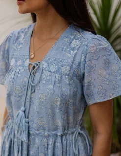 Dilli Grey Fifi Floral Print Shimmer Midi Dress Blue