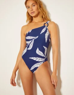 Dinah One-Shoulder Leaf Print Swimsuit Blue