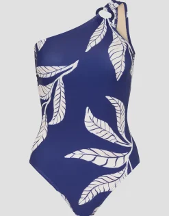 Dinah One-Shoulder Leaf Print Swimsuit Blue