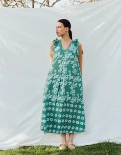 East Aggie Hand-Batik Floral Green Dress Green