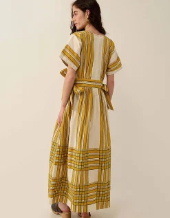 East Alana Hand-Woodblock Stripe Dress Yellow