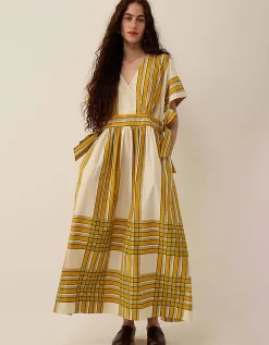 East Alana Hand-Woodblock Stripe Dress Yellow
