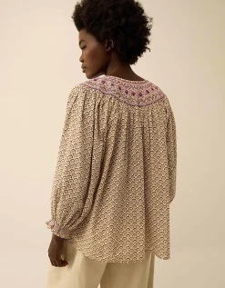 East Alina Floral Printed Smocking Top Brown