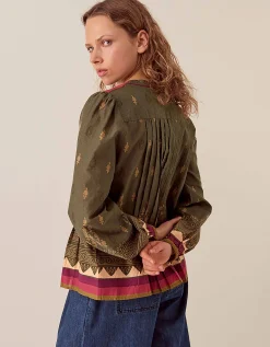 East Apate Printed Cotton Top Green