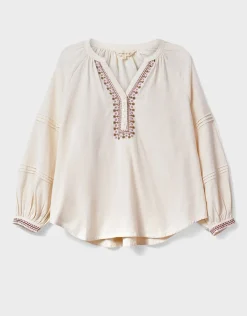 East Aralia Embroidered Cotton Blouse Camel
