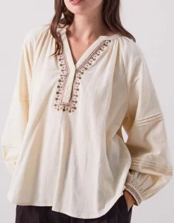 East Aralia Embroidered Cotton Blouse Camel