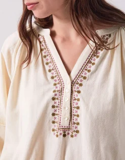 East Aralia Embroidered Cotton Blouse Camel