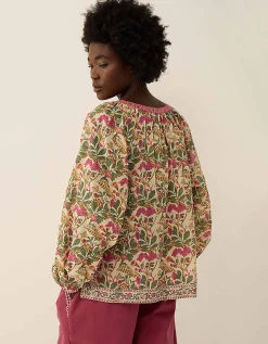 East Aurelie Hand-Woodblock Botanical Print Cotton Top Multi