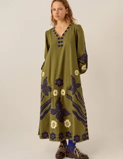 East Bella Embroidered Cotton Twill Dress Green