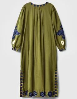 East Bella Embroidered Cotton Twill Dress Green