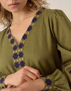 East Bella Embroidered Cotton Twill Dress Green