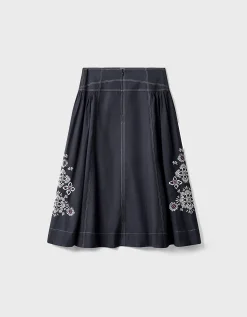 East Cora Floral Embroidered Cotton Twill Skirt Blue