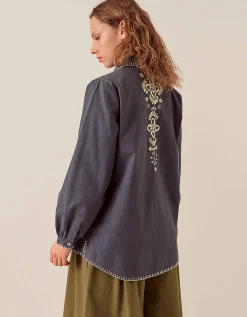 East Cora Floral Embroidered Cotton Shirt Blue