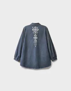 East Cora Floral Embroidered Cotton Shirt Blue