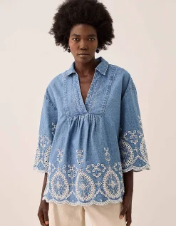 East Coralie Denim Broderie Shirt Blue