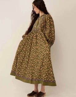 East Darney Floral Print Embroidered Dress Green