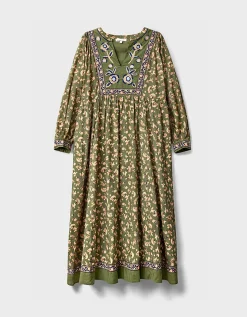 East Darney Floral Print Embroidered Dress Green