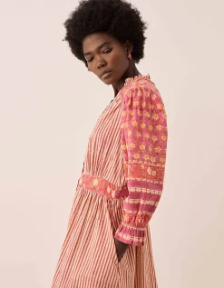 East Devyn Hand Woodblock Cotton Dress Pink