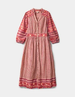 East Devyn Hand Woodblock Cotton Dress Pink