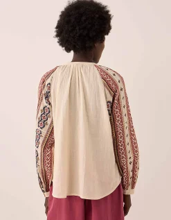East Gabriette Geometric Print Embroidered Top Ivory