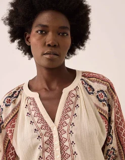 East Gabriette Geometric Print Embroidered Top Ivory