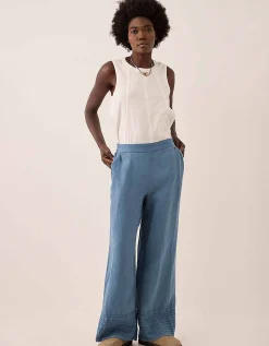 East Hetta Linen Tonal Embroidery Trousers Blue