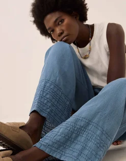 East Hetta Linen Tonal Embroidery Trousers Blue
