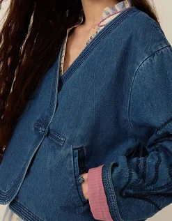 East Juna Denim Botanical Embroidered Jacket Blue