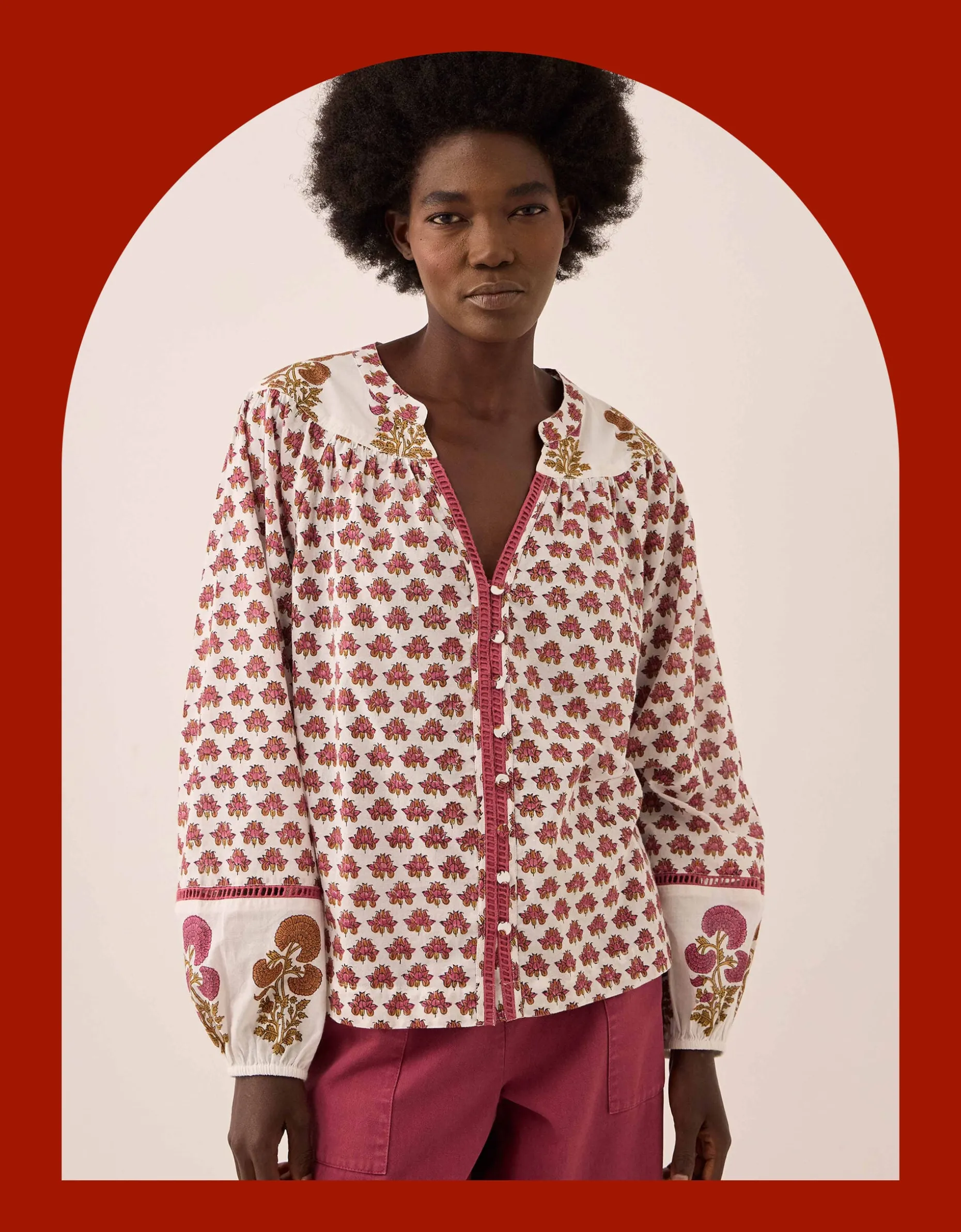 East Karmen Hand Woodblock Blouse Pink
