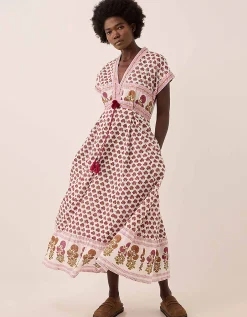 East Karmen Hand Woodblock Cotton Dress Pink