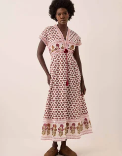 East Karmen Hand Woodblock Cotton Dress Pink