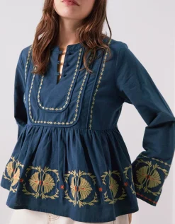 East Katie Embroidered Peplum Blouse Teal