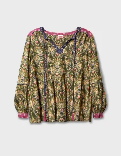 East Kiku Ikat Printed Top Green