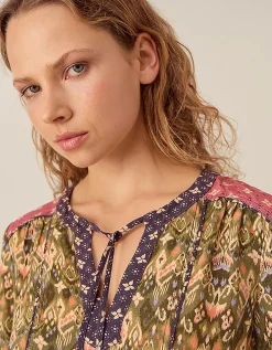 East Kiku Ikat Printed Top Green
