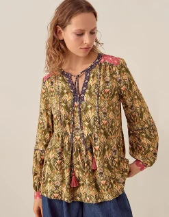 East Kiku Ikat Printed Top Green