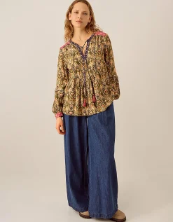 East Kiku Ikat Printed Top Green