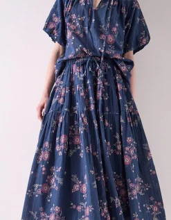 East Layla Floral Print Cotton Midi Skirt Blue