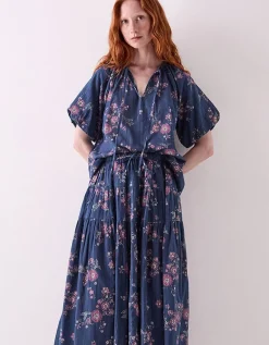 East Layla Floral Print Cotton Midi Skirt Blue