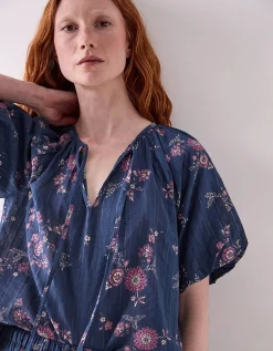 East Layla Floral Print Cotton Top Blue