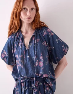East Layla Floral Print Cotton Top Blue