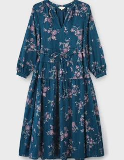 East Layla Floral Print Cotton Midi Dress Blue