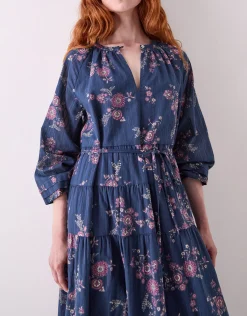 East Layla Floral Print Cotton Midi Dress Blue