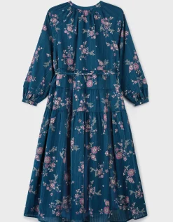 East Layla Floral Print Cotton Midi Dress Blue