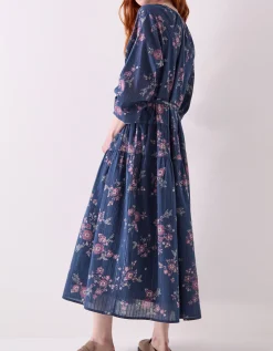 East Layla Floral Print Cotton Midi Dress Blue