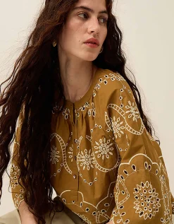 East Leni Floral Broderie Cotton Poplin Top Green